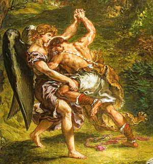 La lutte de Jacob avec l’ange, Eugène Delacroix : Jacob et l’ange s’affrontent, corps à corps, dans un sous-bois.